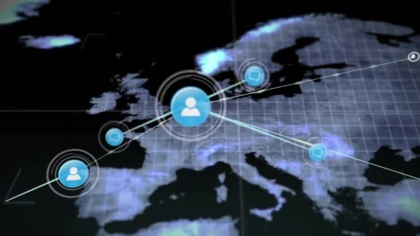 Animación Red Conexiones Con Iconos Sobre Mapa Europa Negocios Globales — Vídeos de Stock