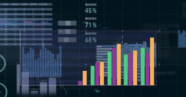 Animación Gráficos Coloridos Sobre Gráficos Procesamiento Datos Sobre Fondo Negro — Vídeos de Stock