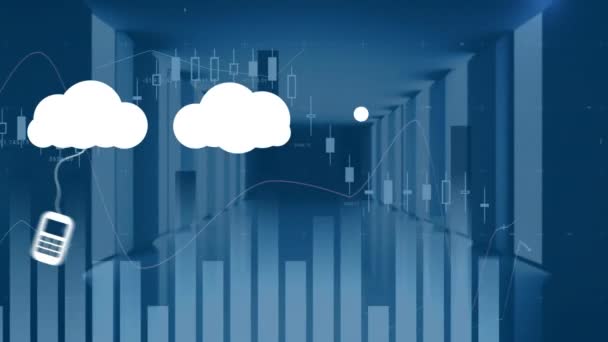 Animação Ícones Mídia Diagramas Sobre Sala Servidor Conceito Global Negócios — Vídeo de Stock
