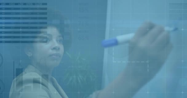 Animation Diagrams Data Processing Biracial Businesswoman Taking Notes Global Business — Stock Video