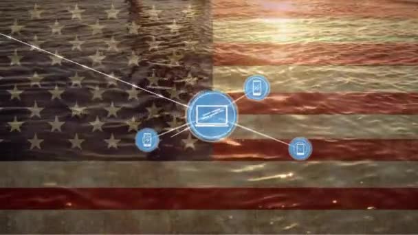 Média Ikonok Hálózatának Animációja Amerika Zászlaja Naplemente Tenger Felett Kapcsolat — Stock videók