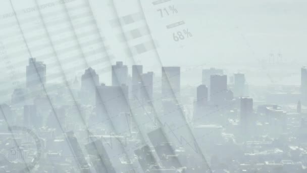 Анимация Обработки Финансовых Данных Над Городским Пейзажем Мировые Финансы Бизнес — стоковое видео