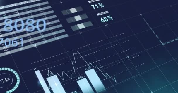 Animación Estadísticas Procesamiento Datos Financieros Sobre Fondo Oscuro Negocios Globales — Vídeos de Stock