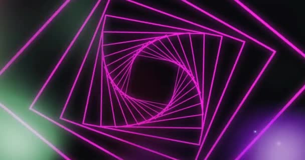 Animacja Różowych Kwadratowych Spirali Kolorowych Świateł Poruszających Się Ciemnym Tle — Wideo stockowe