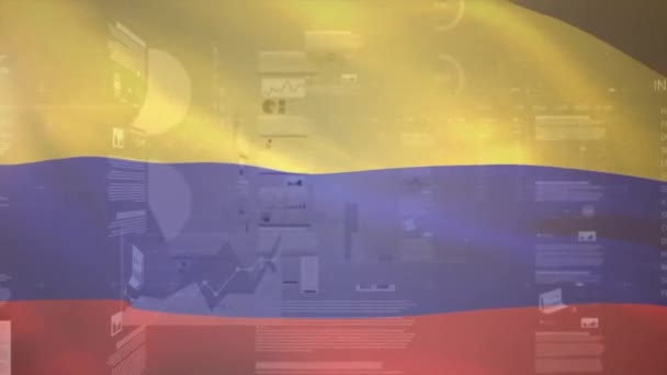 Animation Drapeau Colombie Avec Des Écrans Interface Des Graphiques Traitant — Video