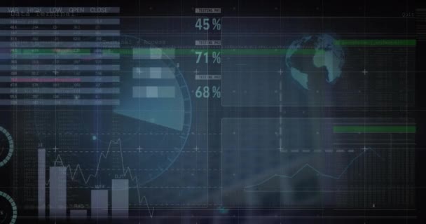 Animación Estadísticas Procesamiento Datos Sobre Fondo Oscuro Finanzas Globales Negocios — Vídeo de stock