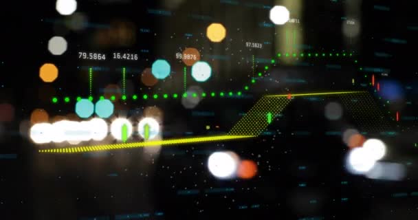 Animação Processamento Dados Financeiros Sobre Luzes Cidade Conceito Finanças Globais — Vídeo de Stock