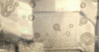 Şehir manzarası üzerindeki simgelerle bağlantı ağının resmi. küresel iş ve dijital arayüz kavramı dijital olarak oluşturulmuş görüntü.