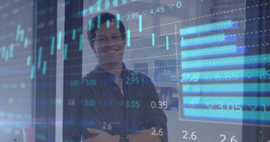 Ofisteki iş adamının mali veri işleme görüntüsü. küresel iş, finans, bağlantılar ve dijital arayüz konsepti dijital olarak oluşturulmuş görüntü.