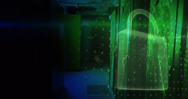 Sunucuların üzerindeki dijital asma kilit ve numaraların görüntüsü. Küresel ağ, veri işleme, dijital iletişim ve teknoloji konsepti dijital olarak oluşturulmuş görüntü.