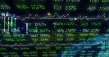 Şehir manzarası üzerinde veri işleme resmi. küresel iş ve dijital arayüz kavramı dijital olarak oluşturulmuş görüntü.