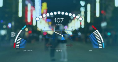 Şehrin üzerinde çalışan elektrikli araba hız göstergesi görüntüsü. Küresel otomobil seyahati, iş, finans, hesaplama ve veri işleme kavramı dijital olarak oluşturulmuş görüntü.