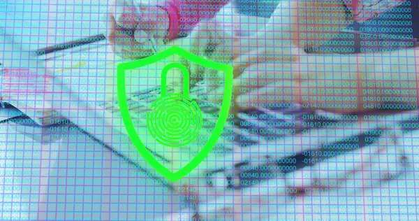 Image of digital online security padlock icon over schoolchildren using laptop computer at school. Education business social media network interface concept digital composite.