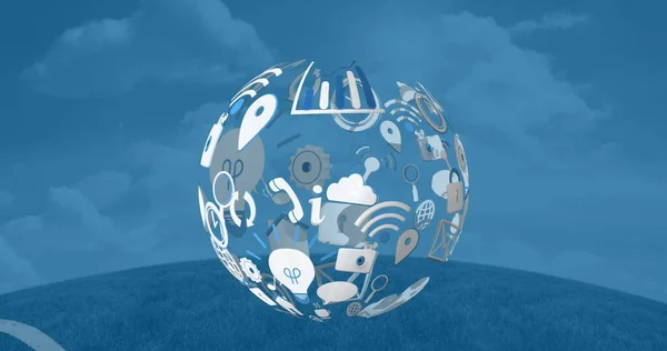 Obraz Kuli Zrobionej Ikon Technologicznych Unoszących Się Niebieskim Tle Komputery — Zdjęcie stockowe