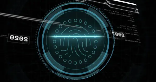 Image of digital shield in circle on black background with data processing in the center.