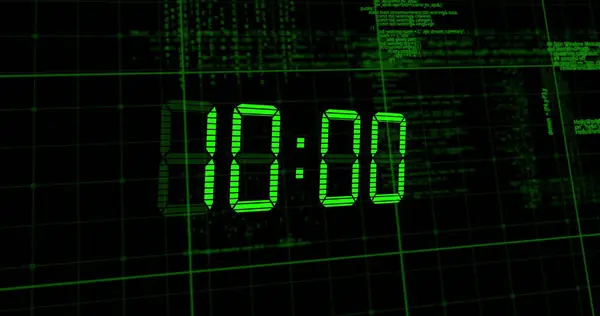 Image of green digital clock timer changing over data processing on black background. Time, timer, digital interface and data processing concept digitally generated image.