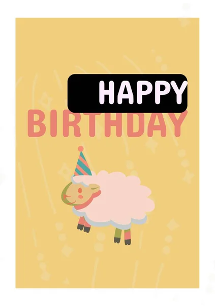 在黄色背景的派对礼帽下 快乐的生日祝福与羊混合在一起 聚会和庆祝概念数字生成的图像 — 图库照片