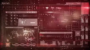 Karanlık arka planda DNA ipliği ve veri işleme animasyonu. Küresel finans, iş, bağlantılar, hesaplama ve veri işleme kavramı dijital olarak oluşturulmuş video.