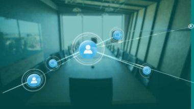 Boş ofis üzerinden simgelerle bağlantı ağının canlandırılması. Küresel iş ve dijital arayüz kavramı dijital olarak oluşturulmuş video.