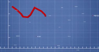 Kırmızı çizginin animasyonu ve mavi arkaplanda işlenen finansal veri. Küresel finans, iş, bağlantılar, hesaplama ve veri işleme kavramı dijital olarak oluşturulmuş video.