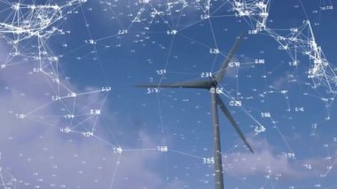 Rüzgar türbini üzerinden veri işleme ağı ile bağlantıların animasyonu. Küresel teknoloji ve dijital arayüz konsepti dijital olarak oluşturulmuş video.