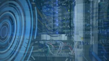 Animation of scope scanning and data processing over server room. Global technology and digital interface concept digitally generated video.