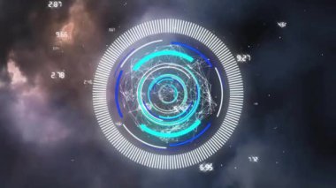 Yıldırım fırtınası gecesi gökyüzünde dairesel tarayıcı veri ve ağ işleme animasyonu. Ağ, veri, dijital arayüz, değişim, enerji ve iletişim, dijital olarak oluşturulmuş video.