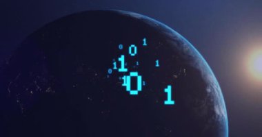 Tüm dünyada ikili kodlama dijital veri işleme animasyonu. Küresel finans, iş, bağlantılar, hesaplama ve veri işleme kavramı dijital olarak oluşturulmuş video.