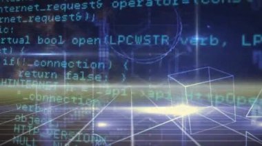 Neon şekiller üzerinde veri işleme ve figürlerin animasyonu. Küresel iş ve dijital arayüz kavramı dijital olarak oluşturulmuş video.