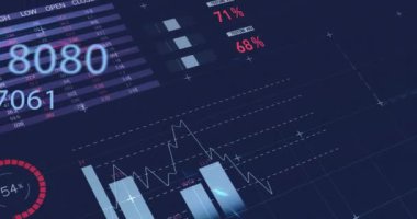Karanlık arka planda istatistik ve finansal veri işleme animasyonu. Küresel iş, bağlantılar, hesaplama ve veri işleme kavramı dijital olarak oluşturulmuş video.