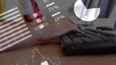 Kafkasyalı iş adamının bilgisayar ve telefon kulaklığı kullanarak veri işleme animasyonu. Küresel finans, iş, bağlantılar, hesaplama ve veri işleme kavramı dijital olarak oluşturulmuş video.