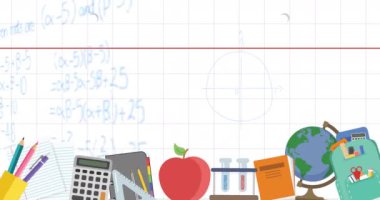 Okul eşyalarının animasyonu ve beyaz kare arka plan üzerinde matematiksel çizimler. Okul, eğitim ve öğrenim konsepti dijital olarak oluşturulmuş video.
