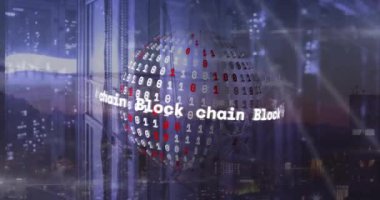 Koyu arkaplan üzerinde veri işleme ile blok zincir metin ve küre animasyonu. Küresel finans, iş, bağlantılar, hesaplama ve veri işleme kavramı dijital olarak oluşturulmuş video.