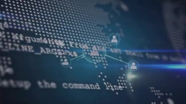 Veri işleme üzerindeki simgelerle bağlantıların canlandırılması ve kara arkaplan üzerindeki dünya haritası. Dijital olarak oluşturulmuş küresel bağlantılar, teknoloji ve dijital arayüz kavramı.