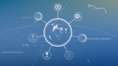 Beyaz çerçeveli simgelerle veri işleme ve küre animasyonu. Küresel iş ve dijital arayüz kavramı dijital olarak oluşturulmuş video.