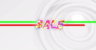 Beyaz zemin üzerinde daireler üzerinde neon satışı metni animasyonu. İletişim, sosyal medya, şekiller ve dijital arayüz konsepti dijital olarak oluşturulmuş video.