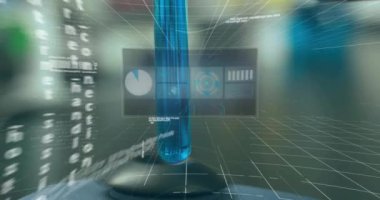 Test tüpü üzerinde veri işleme ve küre animasyonu. Küresel bilim ve dijital arayüz kavramı dijital olarak oluşturulmuş video.