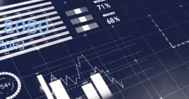 Karanlık arka planda istatistik ve finansal veri işleme animasyonu. Küresel iş, bağlantılar, hesaplama ve veri işleme kavramı dijital olarak oluşturulmuş video.