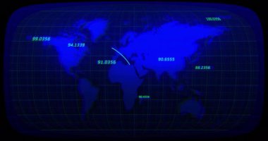 Finansal veri işleme animasyonu dünya haritasında siyah arka planda. Küresel finansman, iş ve dijital arayüz kavramı dijital olarak oluşturulmuş video.