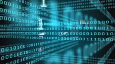 Siyah zemin üzerinde ikili veri işleme katmanları üzerinde grafik ve haritaların animasyonu. Dijital arayüz, bağlantı, veri, işlem ve küresel iletişim, dijital olarak oluşturulmuş video.