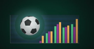 Yeşil arka planda futbol ikonu ve finansal veri işleme animasyonu. Spor, teknoloji, finans ve dijital arayüz konsepti dijital olarak oluşturulmuş video.