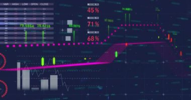 Renkli çizelgeler ve grafik işleme verilerinin siyah arkaplan üzerinde canlandırılması. Veri, dijital arayüz, bağlantı, işlem ve iletişim, dijital olarak oluşturulmuş video.