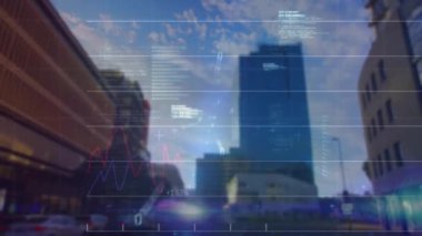 Şehirdeki finansal veri işleme animasyonu. Küresel finans, iş, bağlantılar, hesaplama ve veri işleme kavramı dijital olarak oluşturulmuş video.
