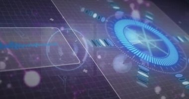 Kapsam taramasında veri işleme ve diyagramların animasyonu. Küresel iş ve dijital arayüz kavramı dijital olarak oluşturulmuş video.