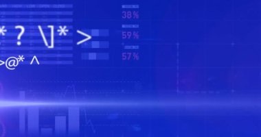 Mavi arkaplandaki grafik ve grafikler üzerinden veri işleme animasyonu. Veri, ağ, dijital arayüz, iş, bağlantı ve iletişim, dijital olarak oluşturulmuş video.