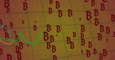 Bitcoin sembolleri üzerinde finansal veri işleme animasyonu. Küresel finans, iş, bağlantılar, hesaplama ve veri işleme kavramı dijital olarak oluşturulmuş video.