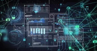 Siyah arka planda bağlantı ağının ve veri işleme ağının animasyonu. Küresel teknoloji, bilgisayar ve dijital arayüz kavramı dijital olarak oluşturulmuş video.