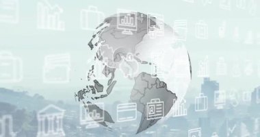 Dünya çapında iş simgeleri ve veri işleme animasyonları. Dijital olarak oluşturulmuş küresel bağlantılar, hesaplama ve veri işleme kavramı.