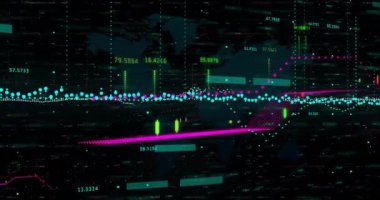 Karanlık arka planda finansal veri işleme sisteminin animasyonu. Küresel finans, iş, bağlantılar, hesaplama ve veri işleme kavramı dijital olarak oluşturulmuş video.