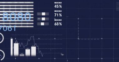 Karanlık arka planda istatistik ve finansal veri işleme animasyonu. Küresel iş, bağlantılar, hesaplama ve veri işleme kavramı dijital olarak oluşturulmuş video.
